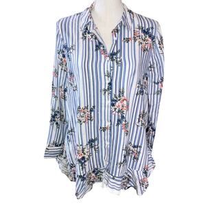 RD & Koko Floral Blue White Striped Linen Blouse Small